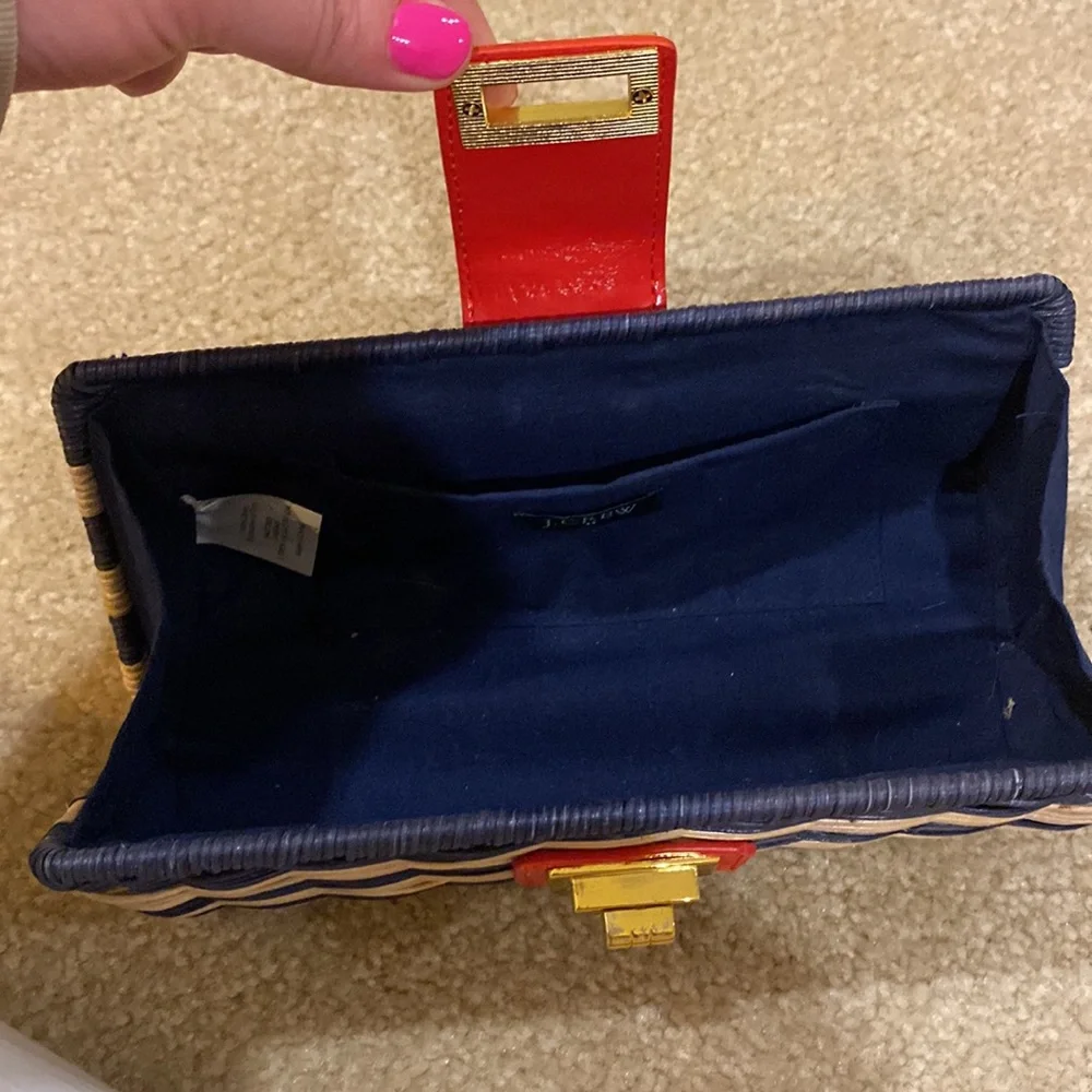 JCrew Factory wood clutch red natural and blue colored with gold hard wear